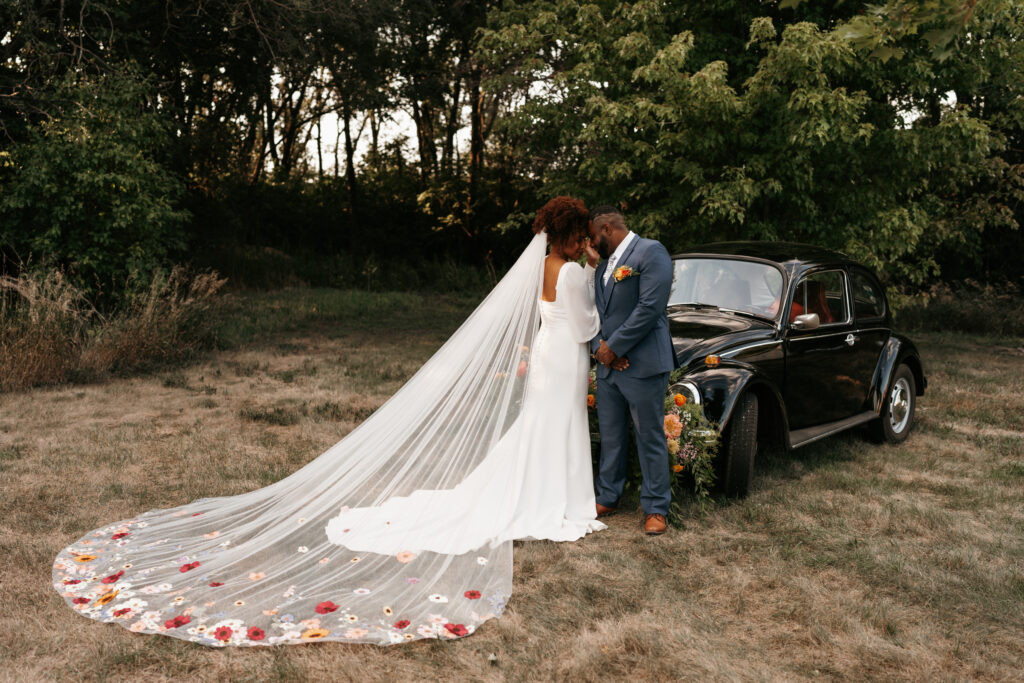 Custom Floral Veil with Vintage 1967 Volkswagen Beetle wedding Photography