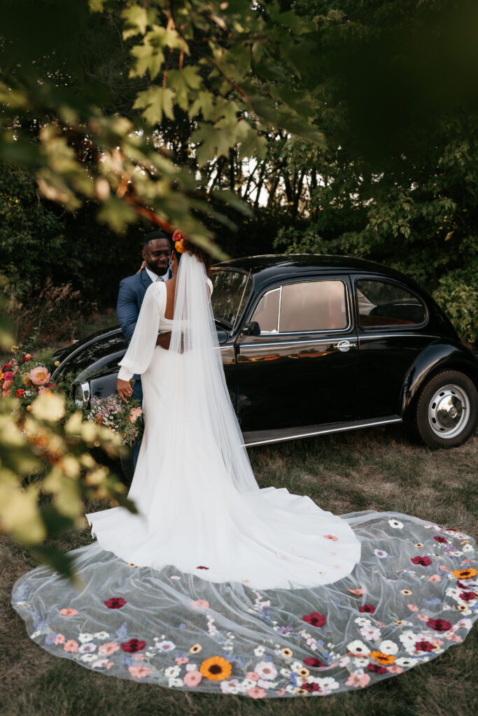 Custom floral veil with vintage volkswagen bug