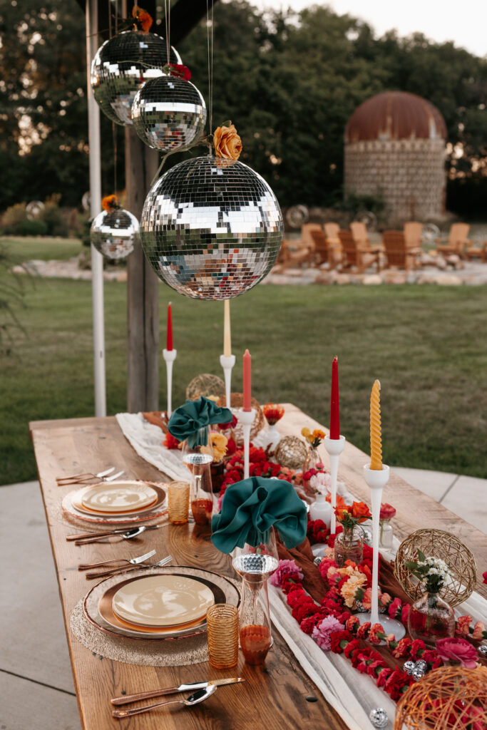 Bright and Colorful disco ball themed sweetheart table